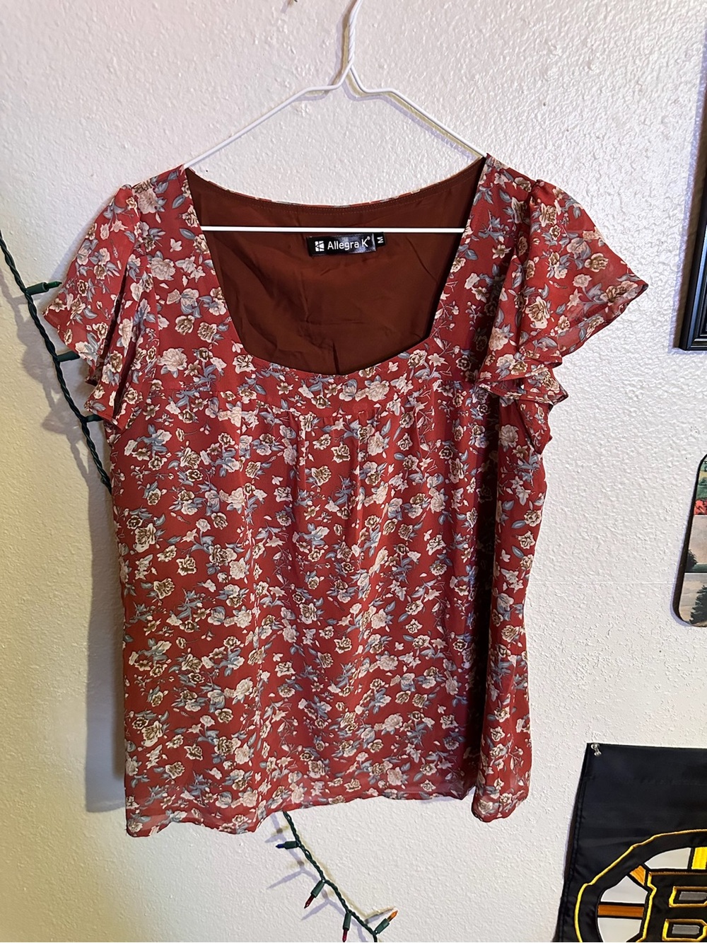 Allegra K Burnt Orange Floral Flutter Sleeve Scoop Neck Top